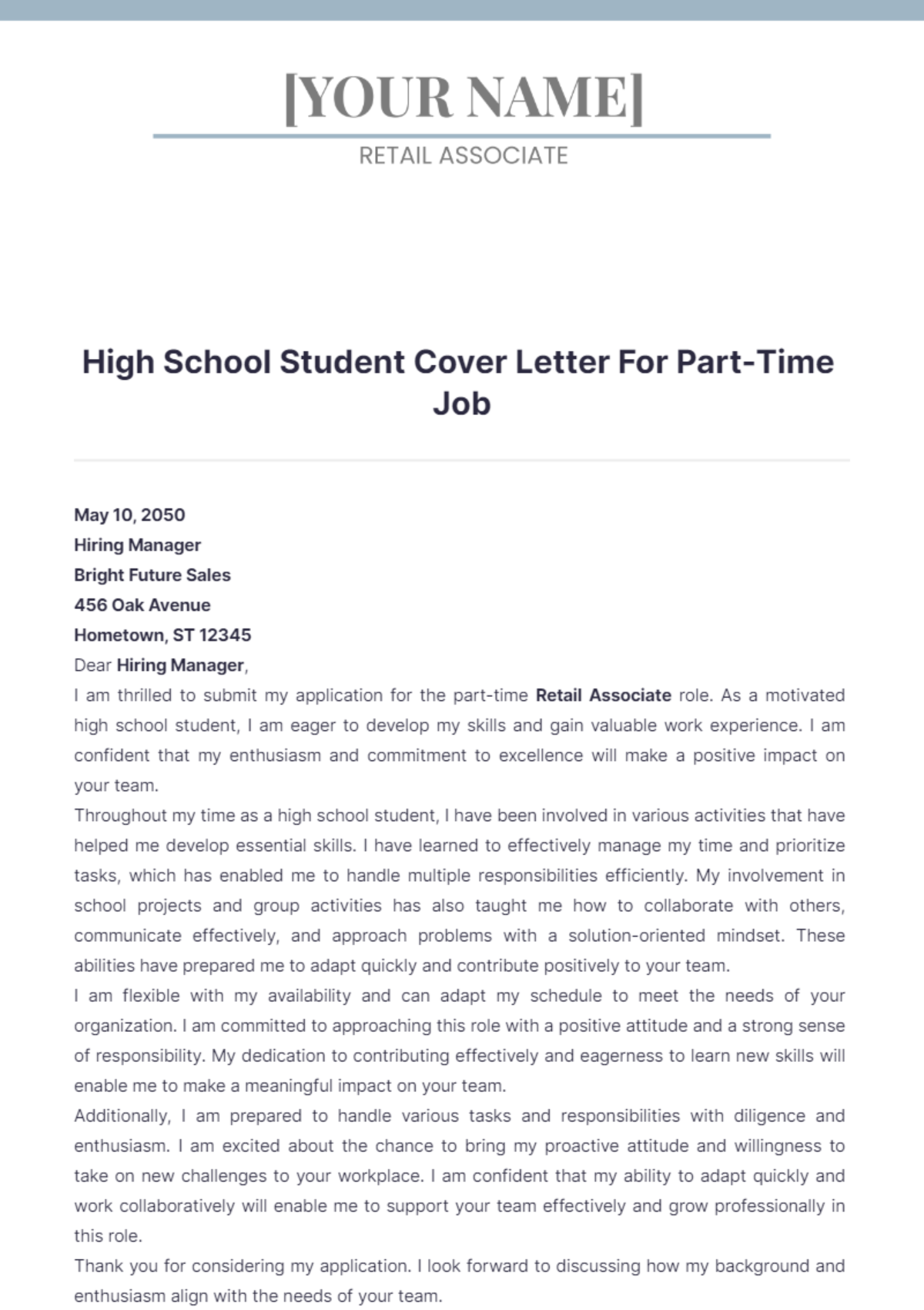 High School Student Cover Letter For Part Time Job