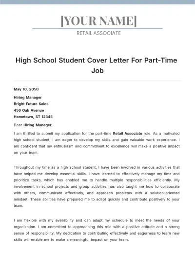 Free High School Student Cover Letter For Part Time Job to Edit Online