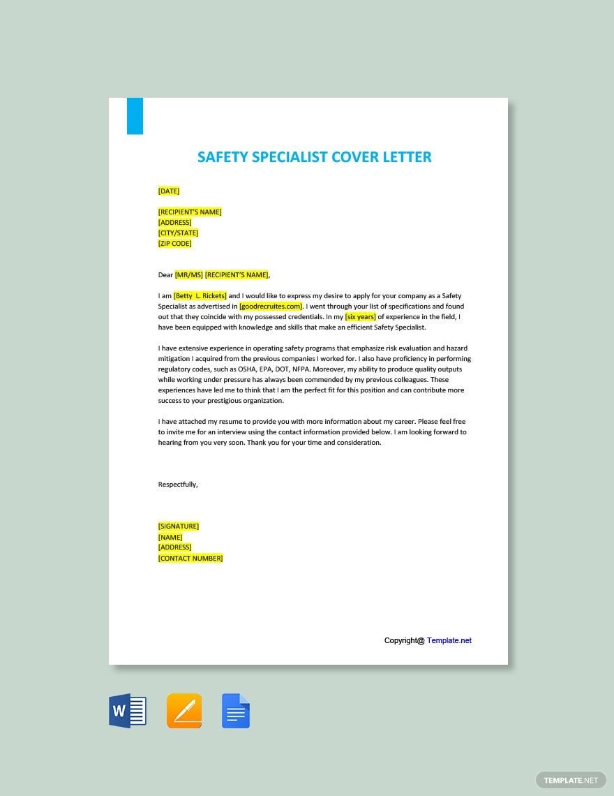 Safety Specialist Cover Letter Template In Pdf Free Download