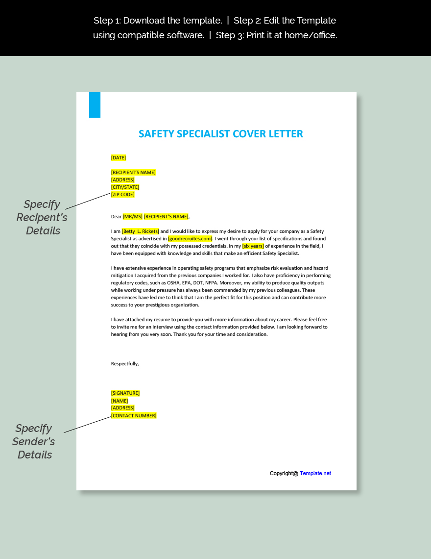 Safety Specialist Cover Letter
