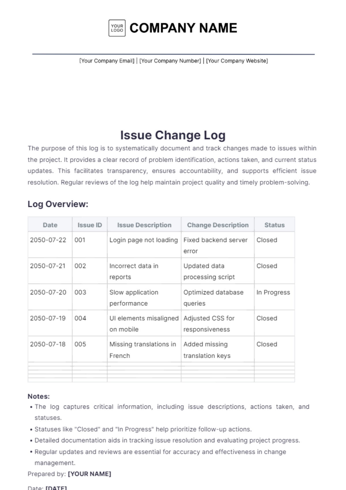 Issue Change Log Template - Edit Online & Download