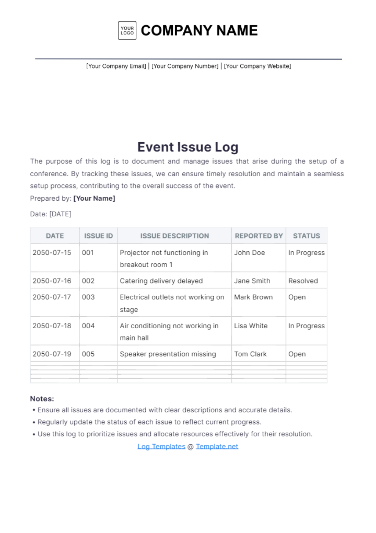 Event Issue Log Template - Edit Online & Download