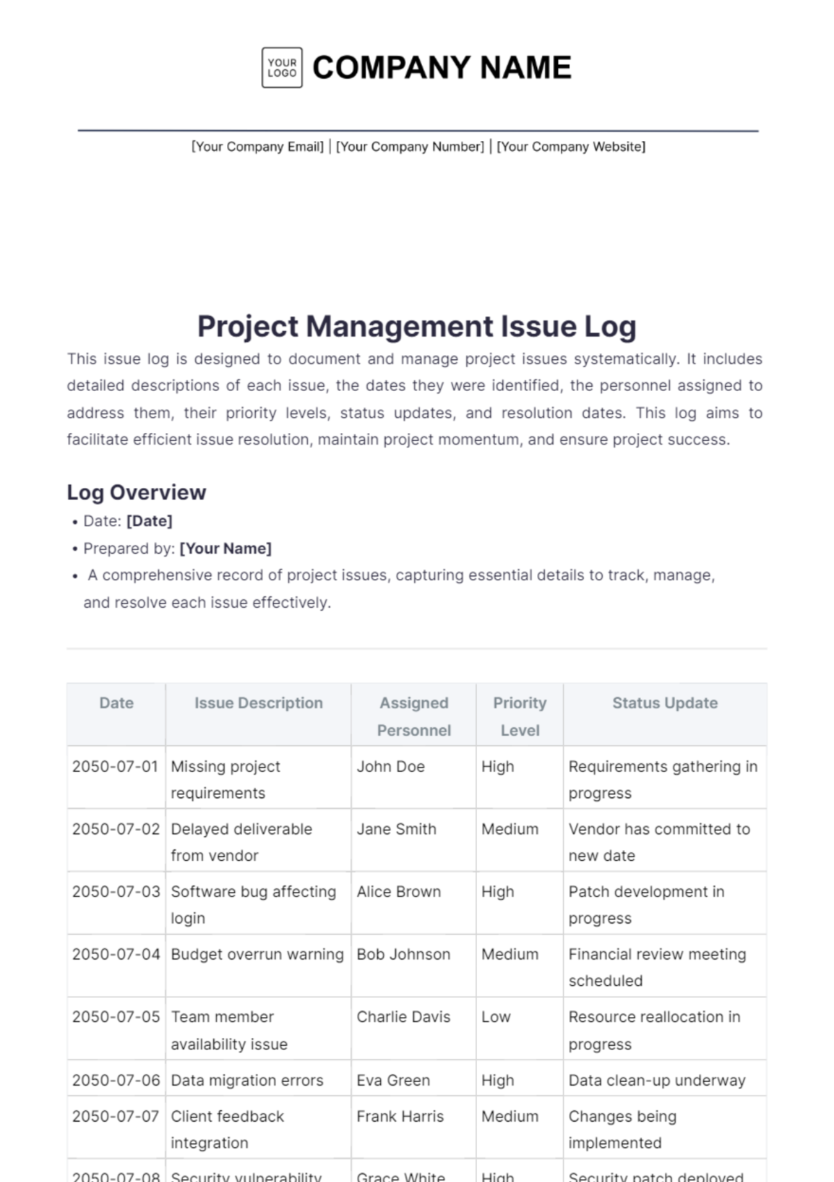 Project Management Issue Log Template - Edit Online & Download