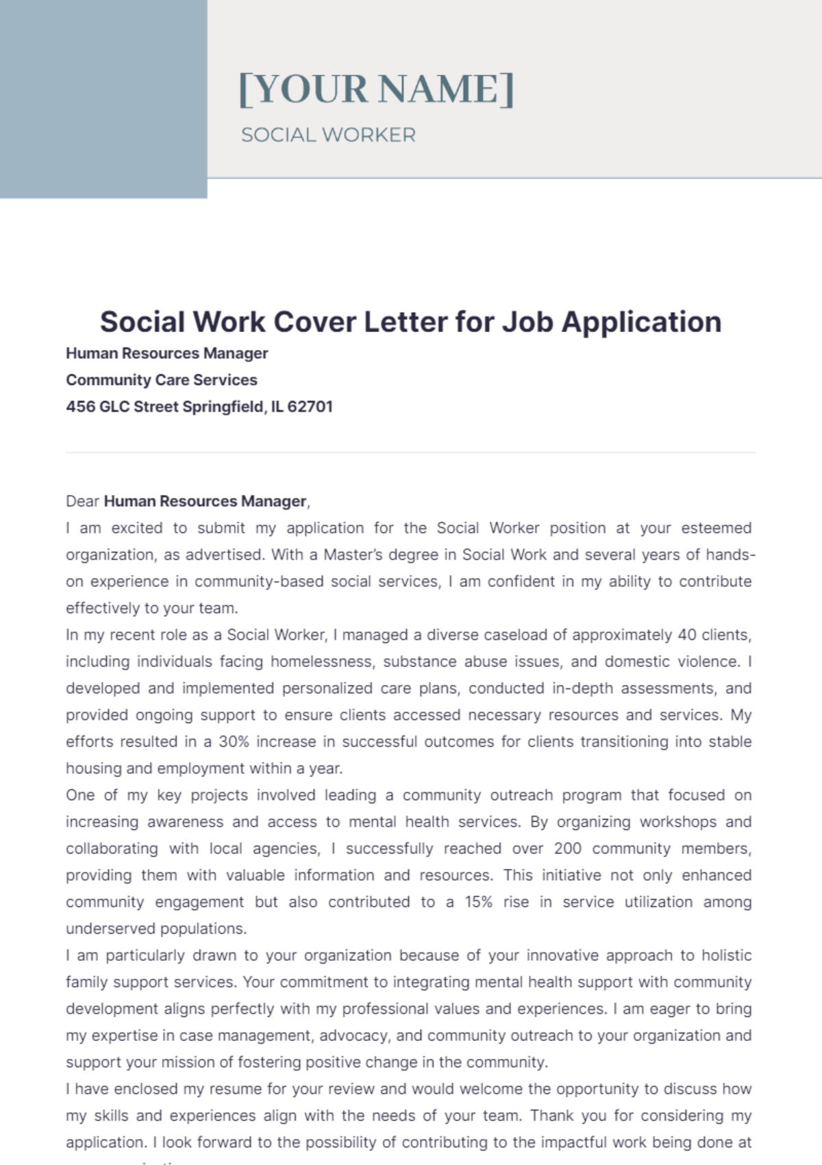 Social Work Cover Letter for Job Application - Edit Online & Download