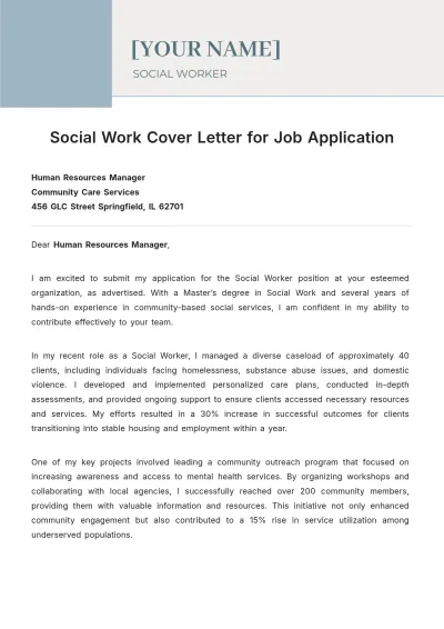 Free Social Work Cover Letter for Job Application to Edit Online