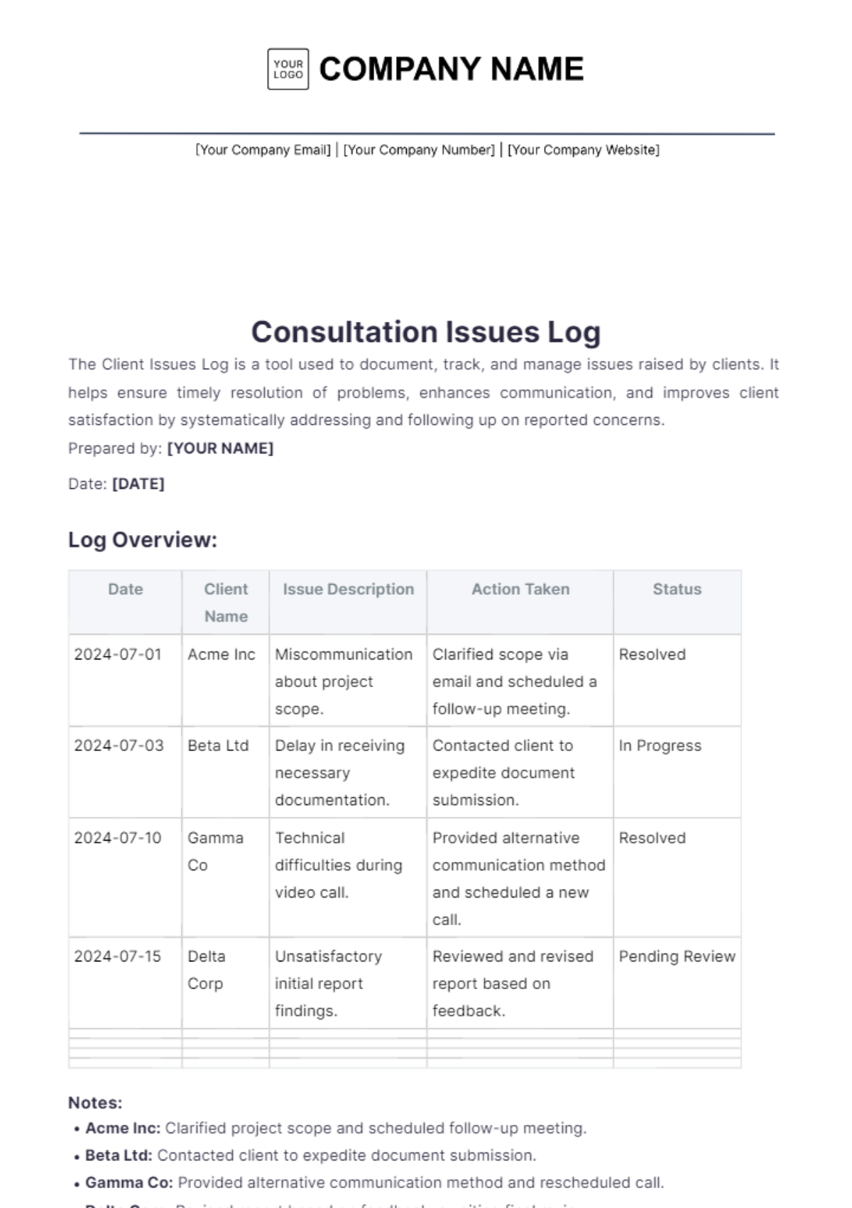 Consultation Issues Log Template - Edit Online & Download