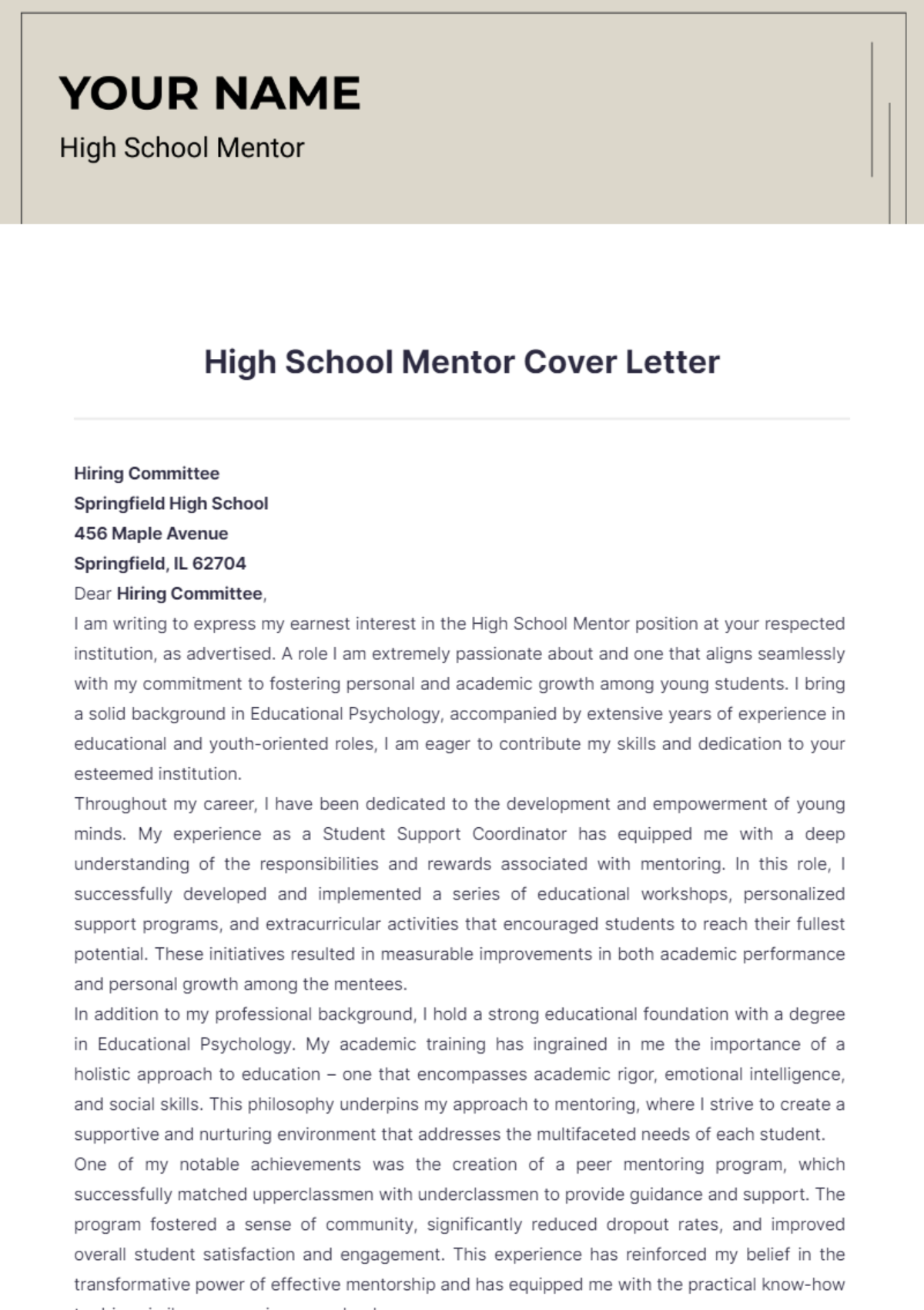 High School Mentor Cover Letter - Edit Online & Download