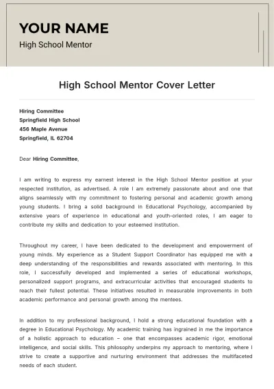 Free High School Mentor Cover Letter to Edit Online