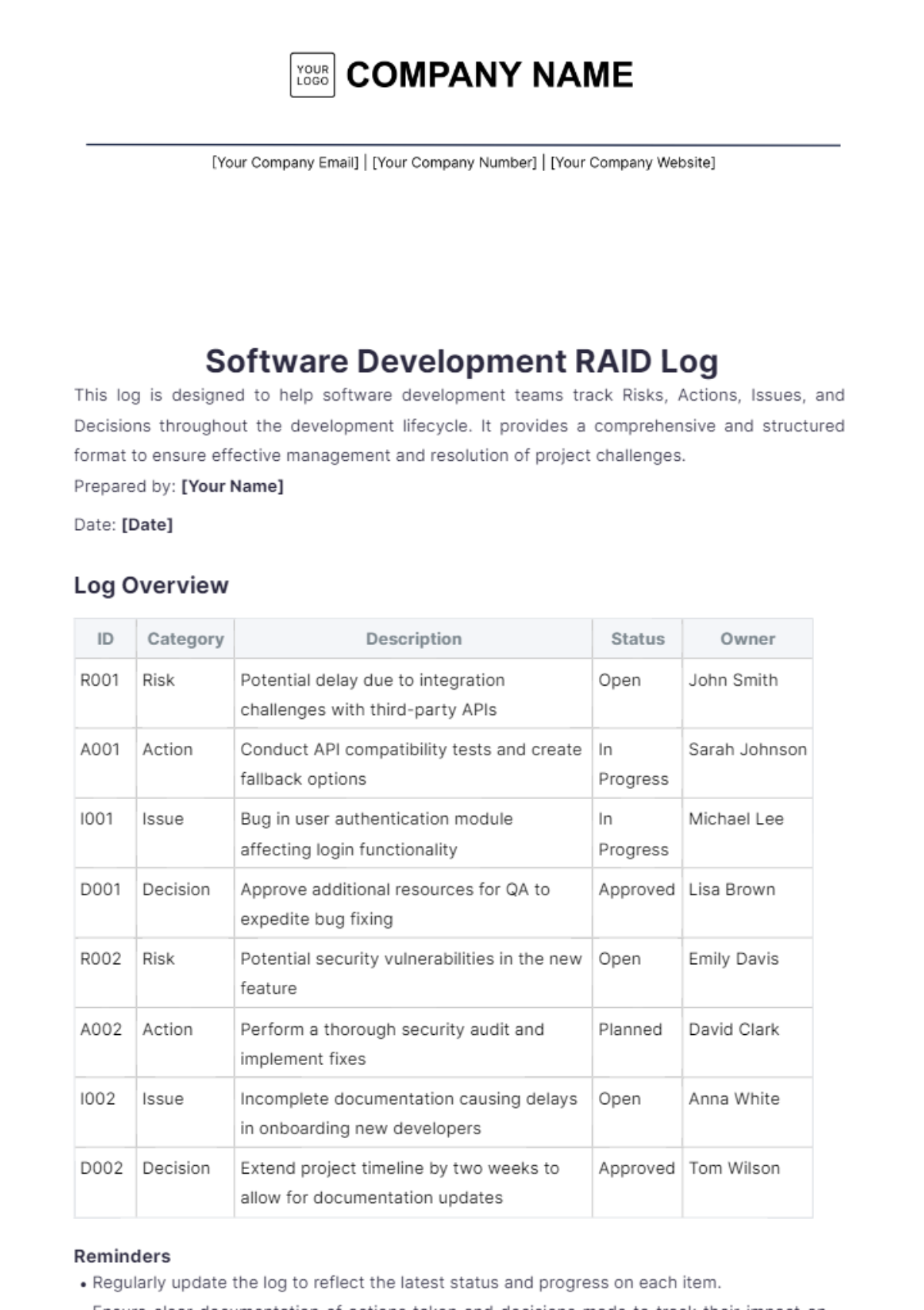 Software Development Raid Log Template - Edit Online & Download