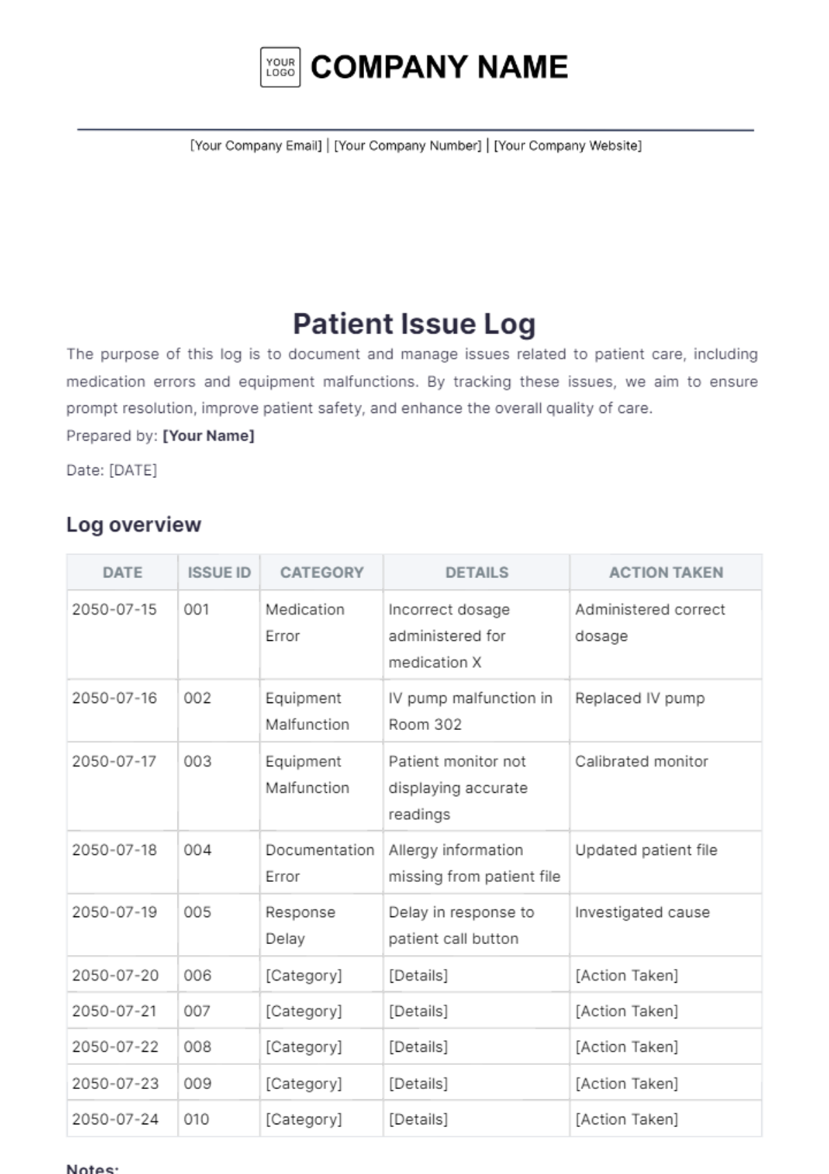 Patient Issue Log Template - Edit Online & Download