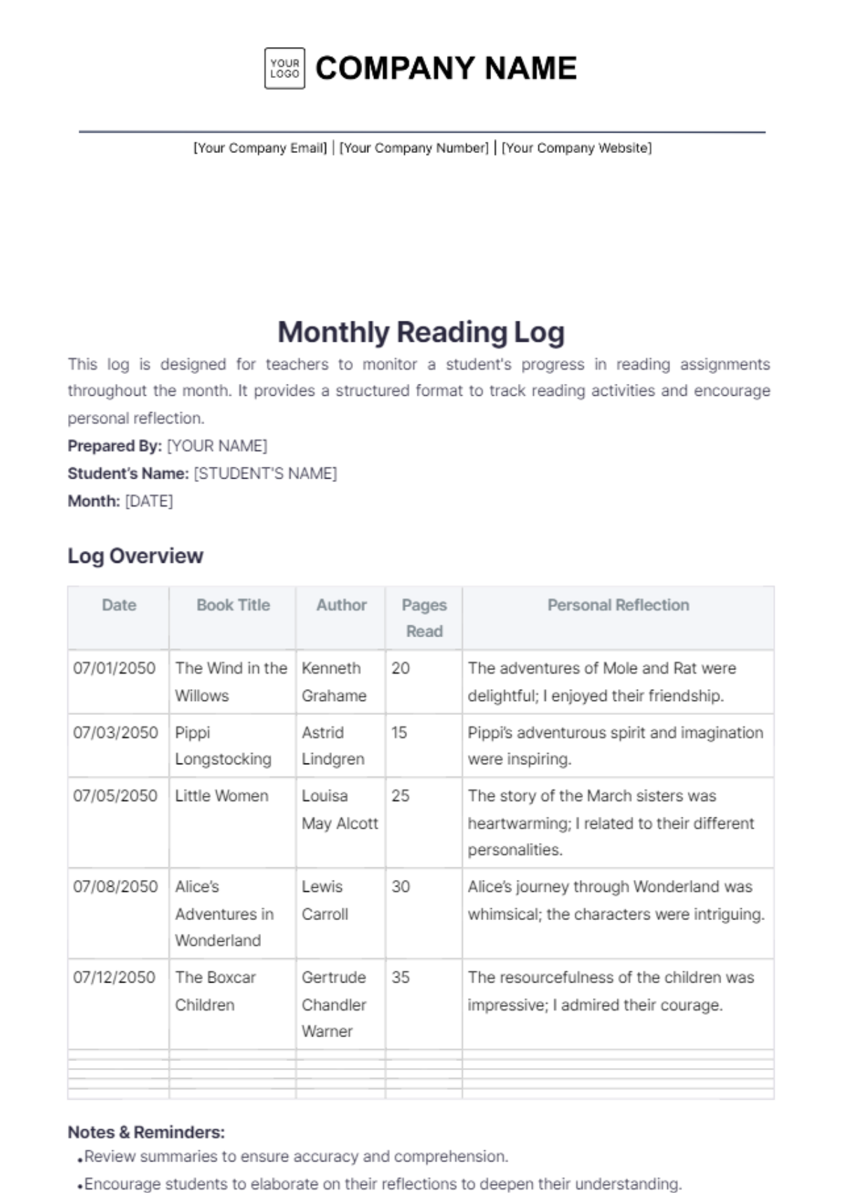 Monthly Reading Log Template