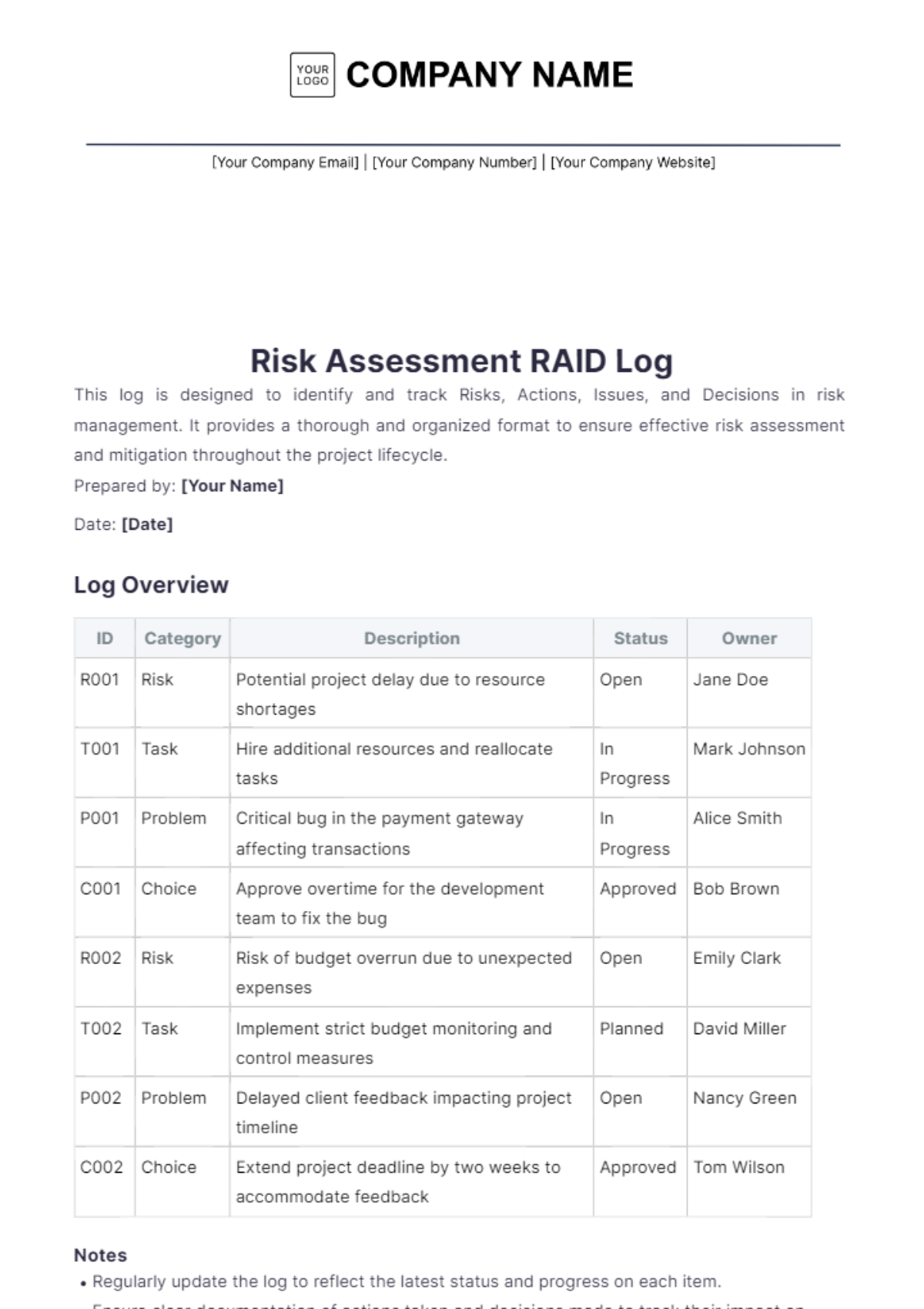 Risk Assessment Raid Log Template - Edit Online & Download