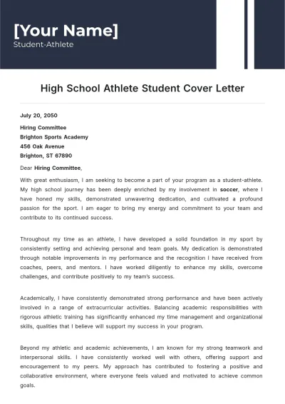 Free High School Athlete Student Cover Letter to Edit Online