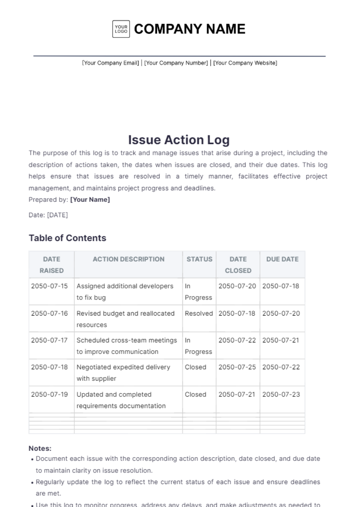 Issue Action Log Template - Edit Online & Download