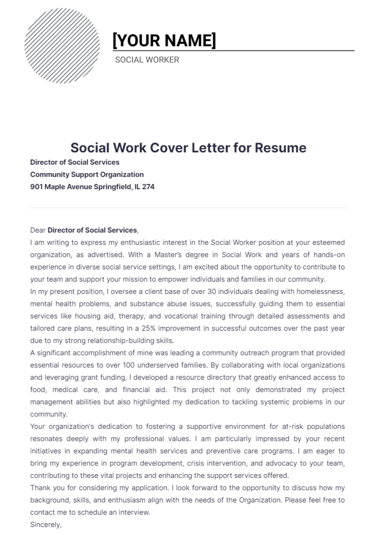 Social Work Cover Letter for Resume - Edit Online & Download