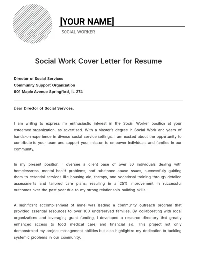Free Social Work Cover Letter for Resume to Edit Online