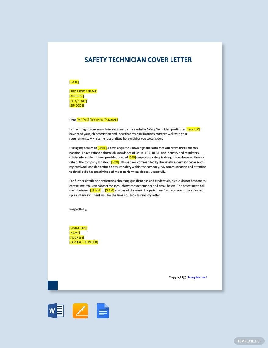 Safety Technician Cover Letter Template