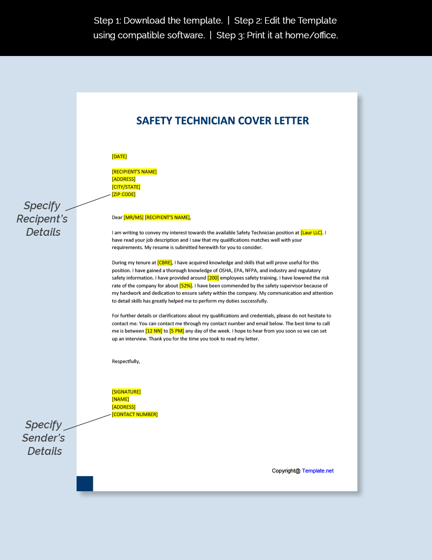 Safety Technician Cover Letter Template