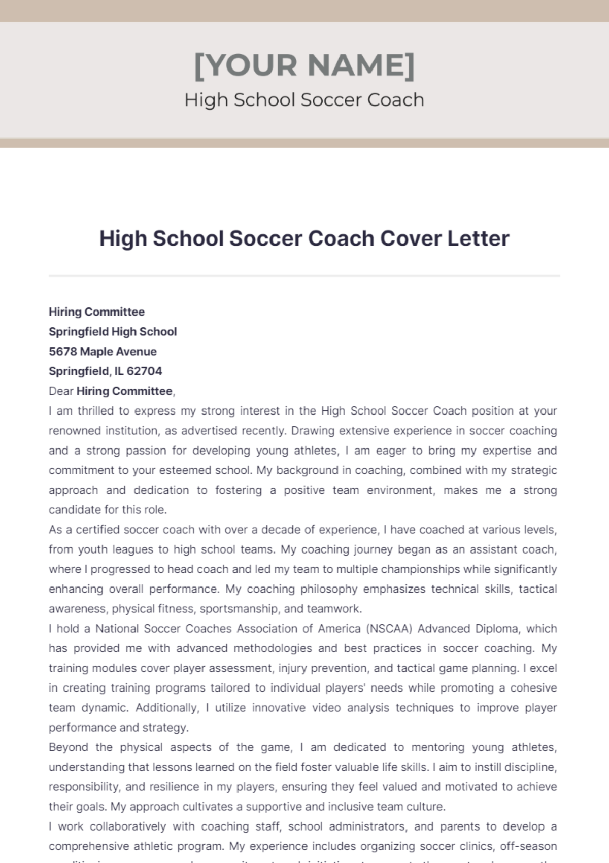 High School Soccer Coach Cover Letter