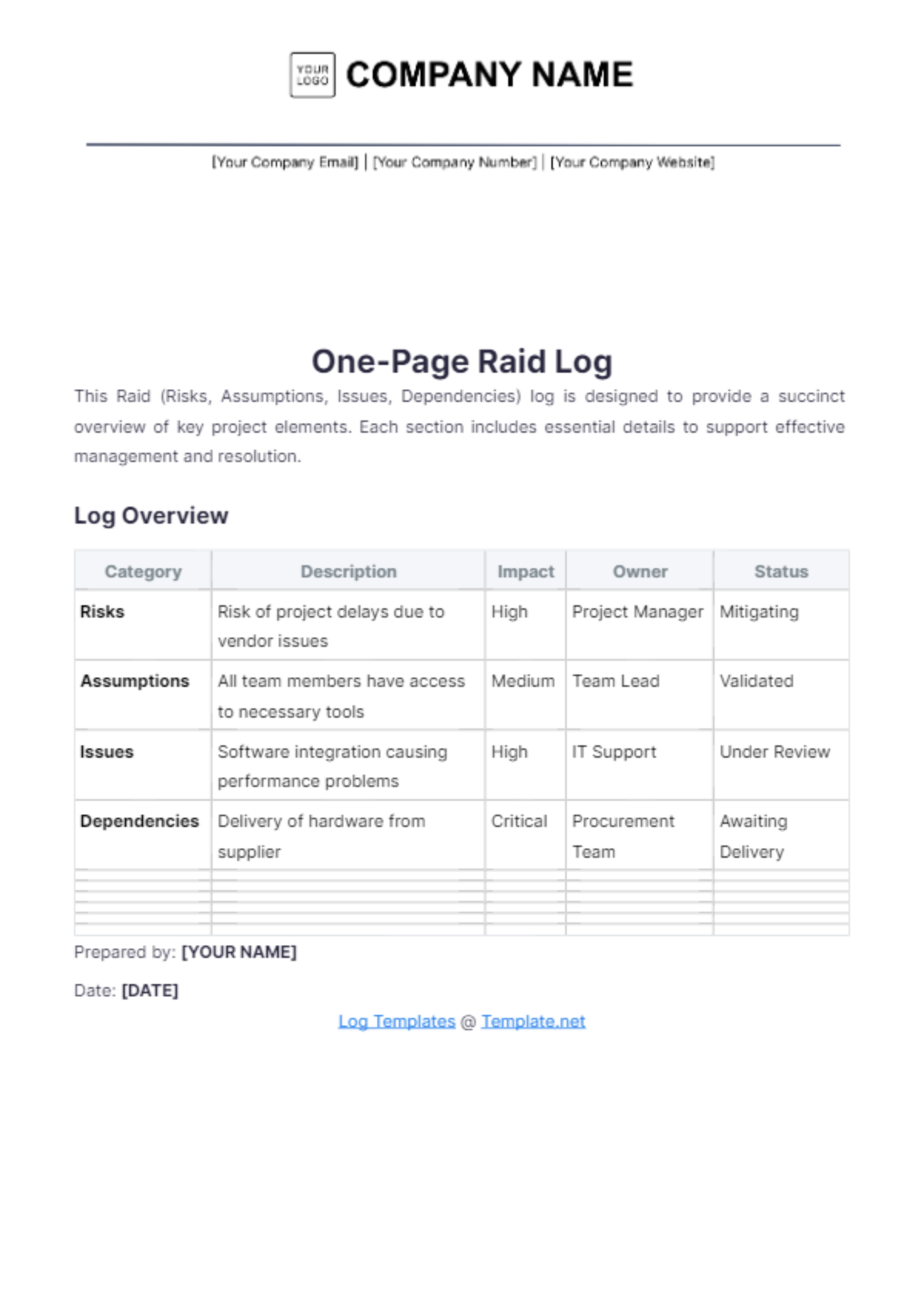 One-Page RAID Log Template - Edit Online & Download