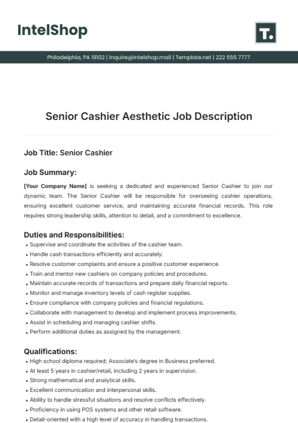 Senior Cashier Aesthetic Job Description Template - Edit Online & Download