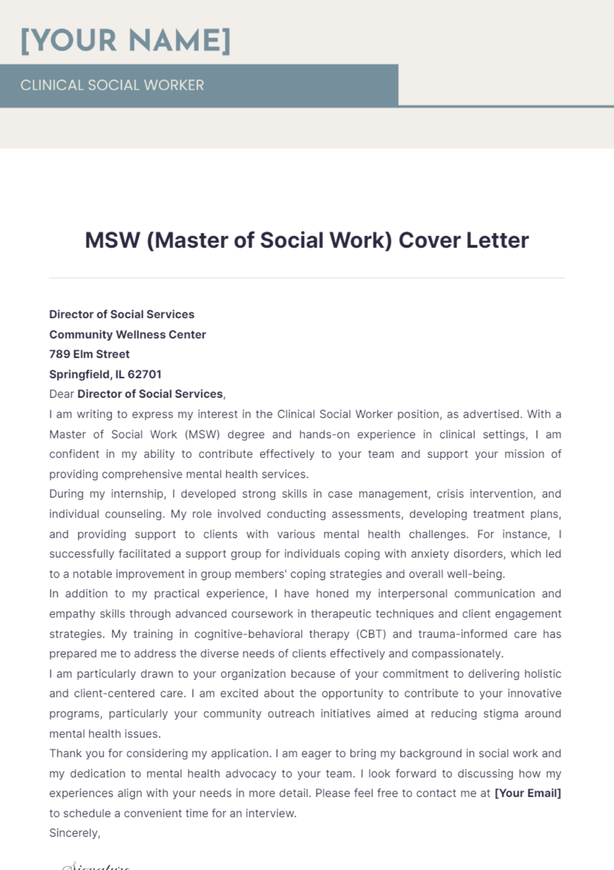 MSW (Master of Social Work) Cover Letter - Edit Online & Download