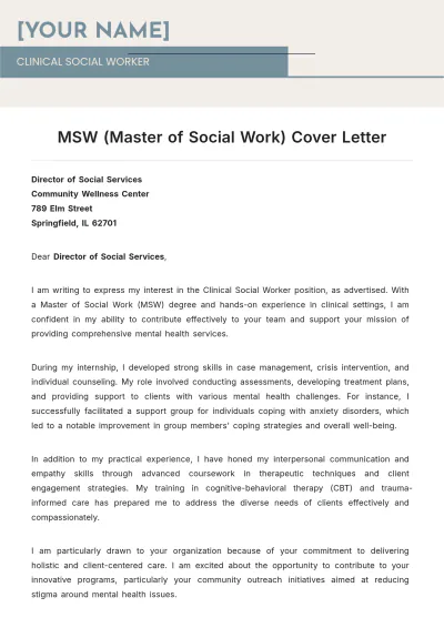 Free MSW (Master of Social Work) Cover Letter to Edit Online