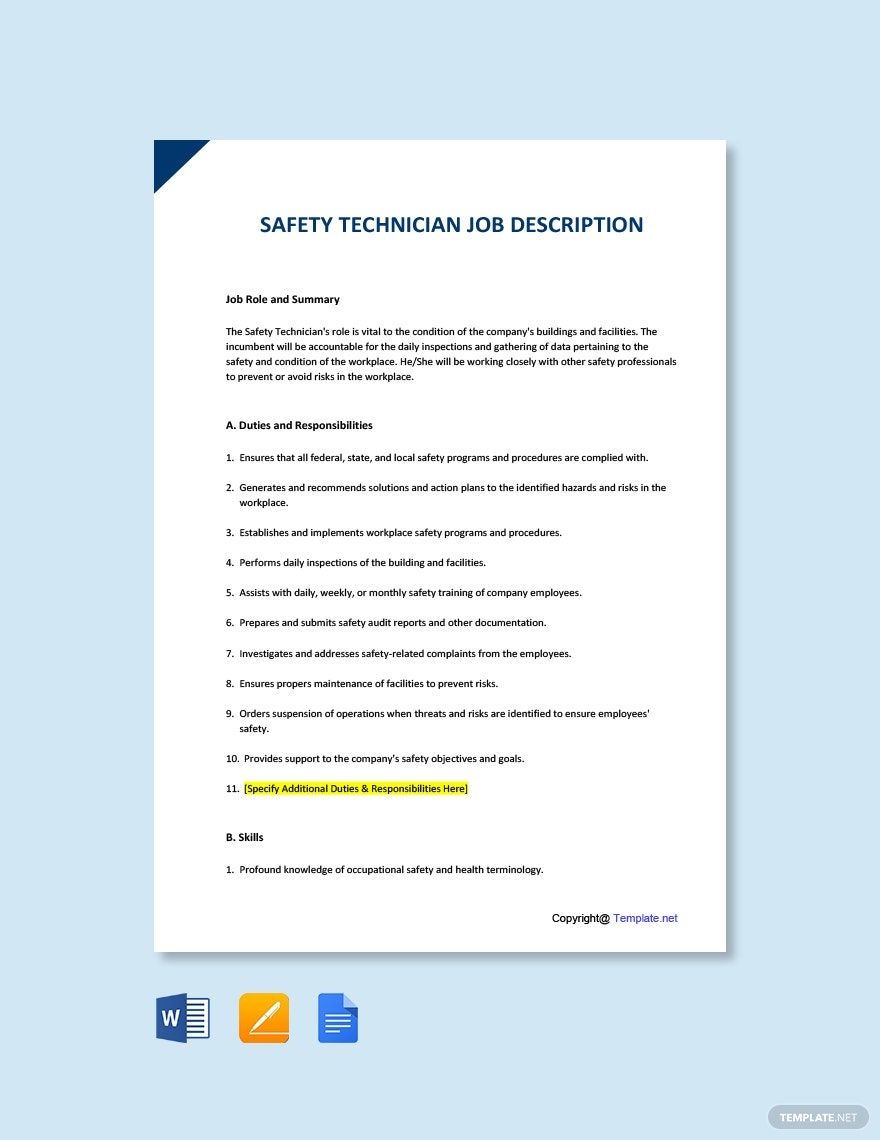 Safety Technician Job AD/Description Template