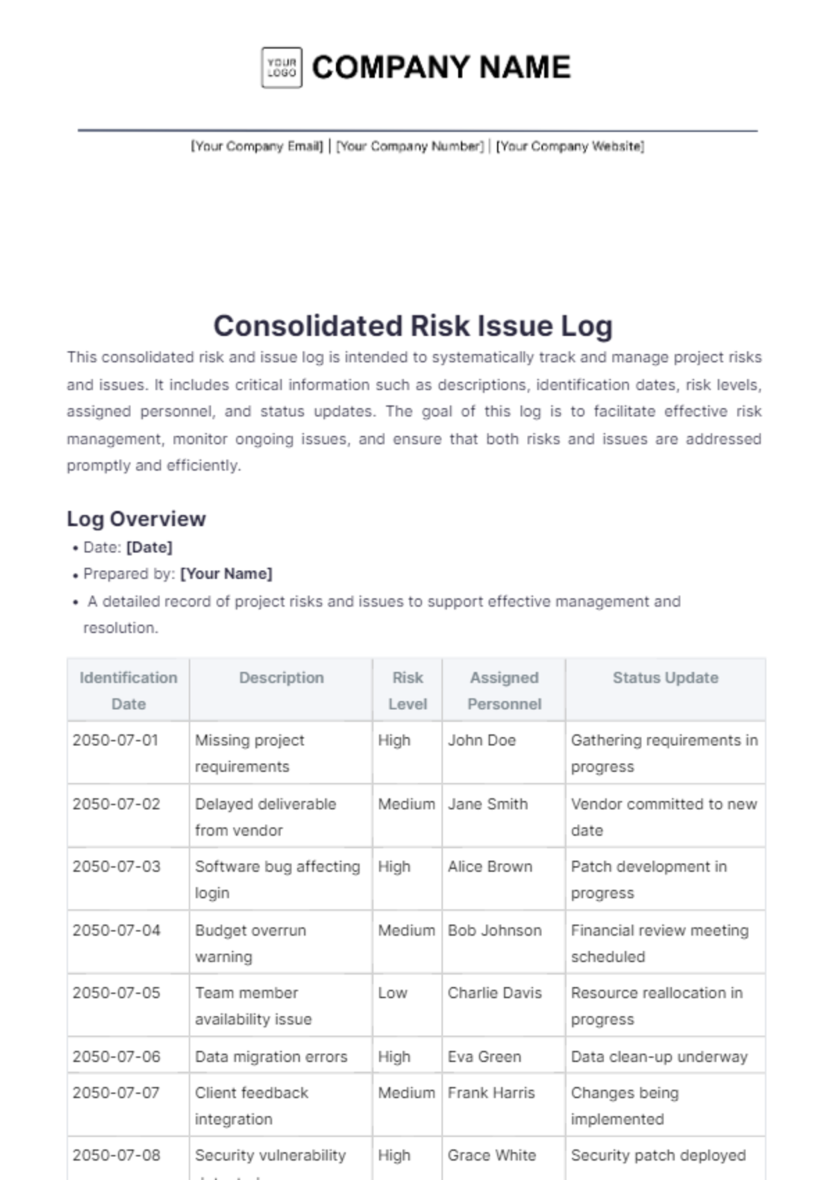 Consolidated Risk Issue Log Template - Edit Online & Download