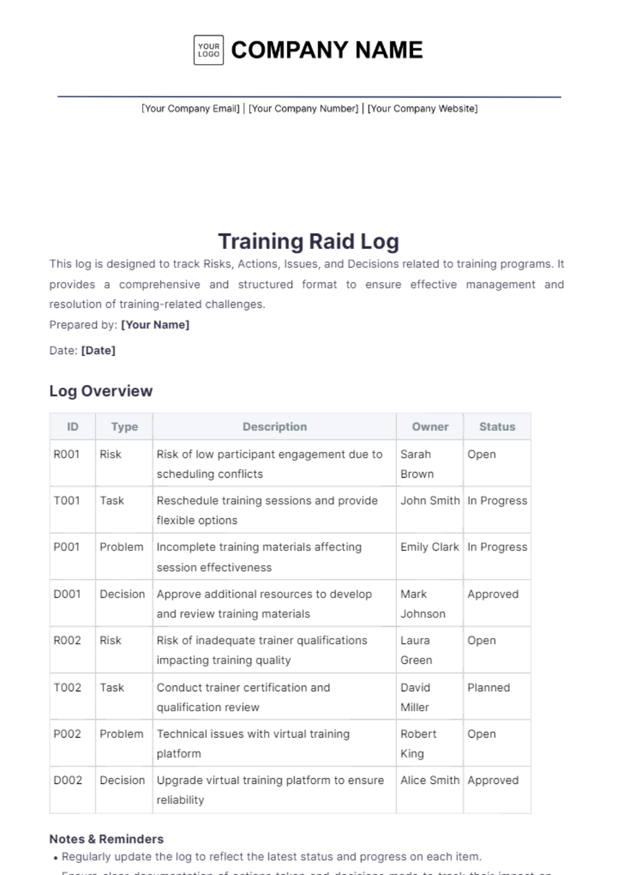 Training Raid Log Template - Edit Online & Download