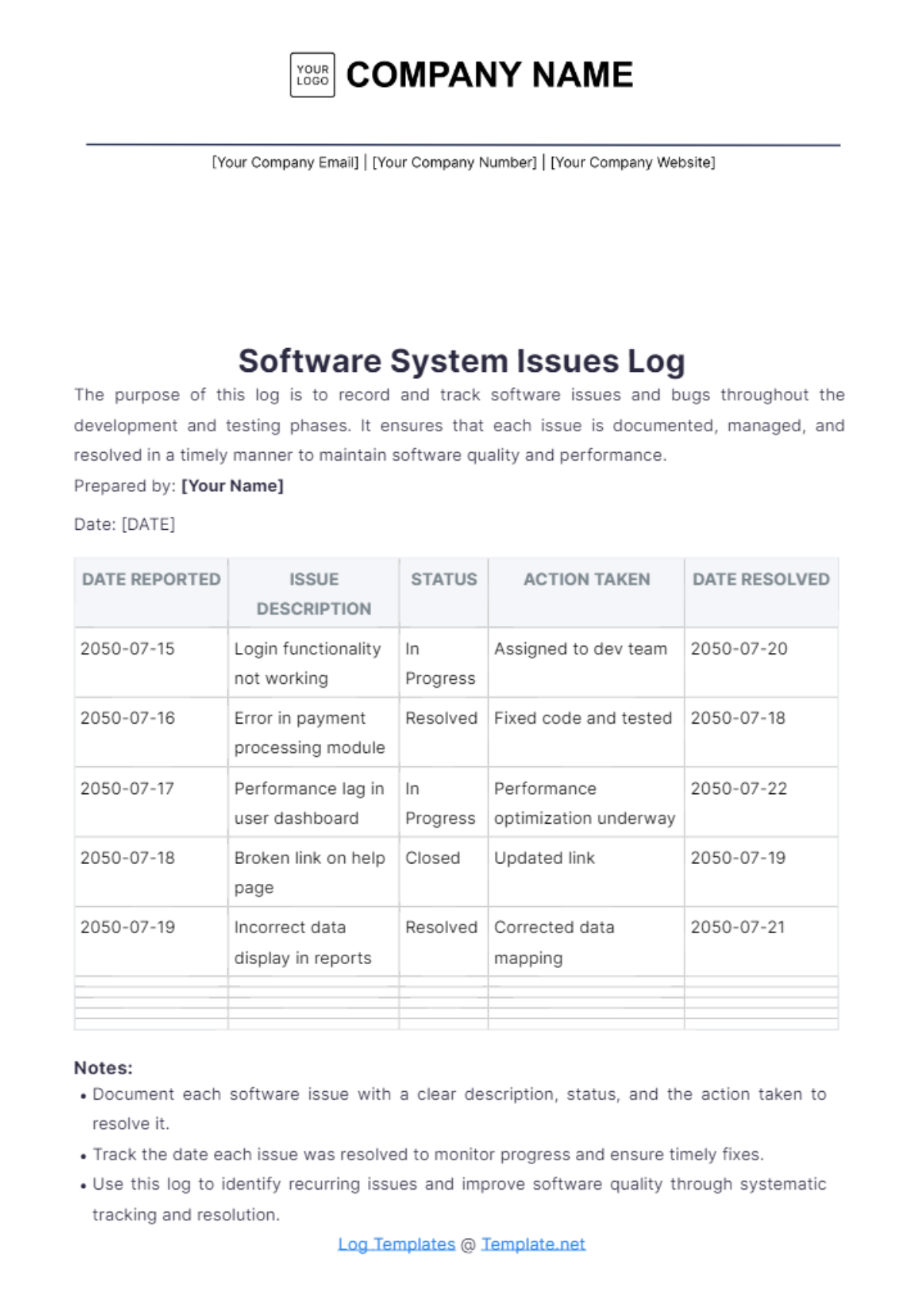 Software System Issue Log Template - Edit Online & Download