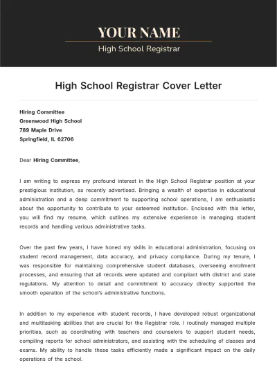 Free High School Registrar Cover Letter to Edit Online