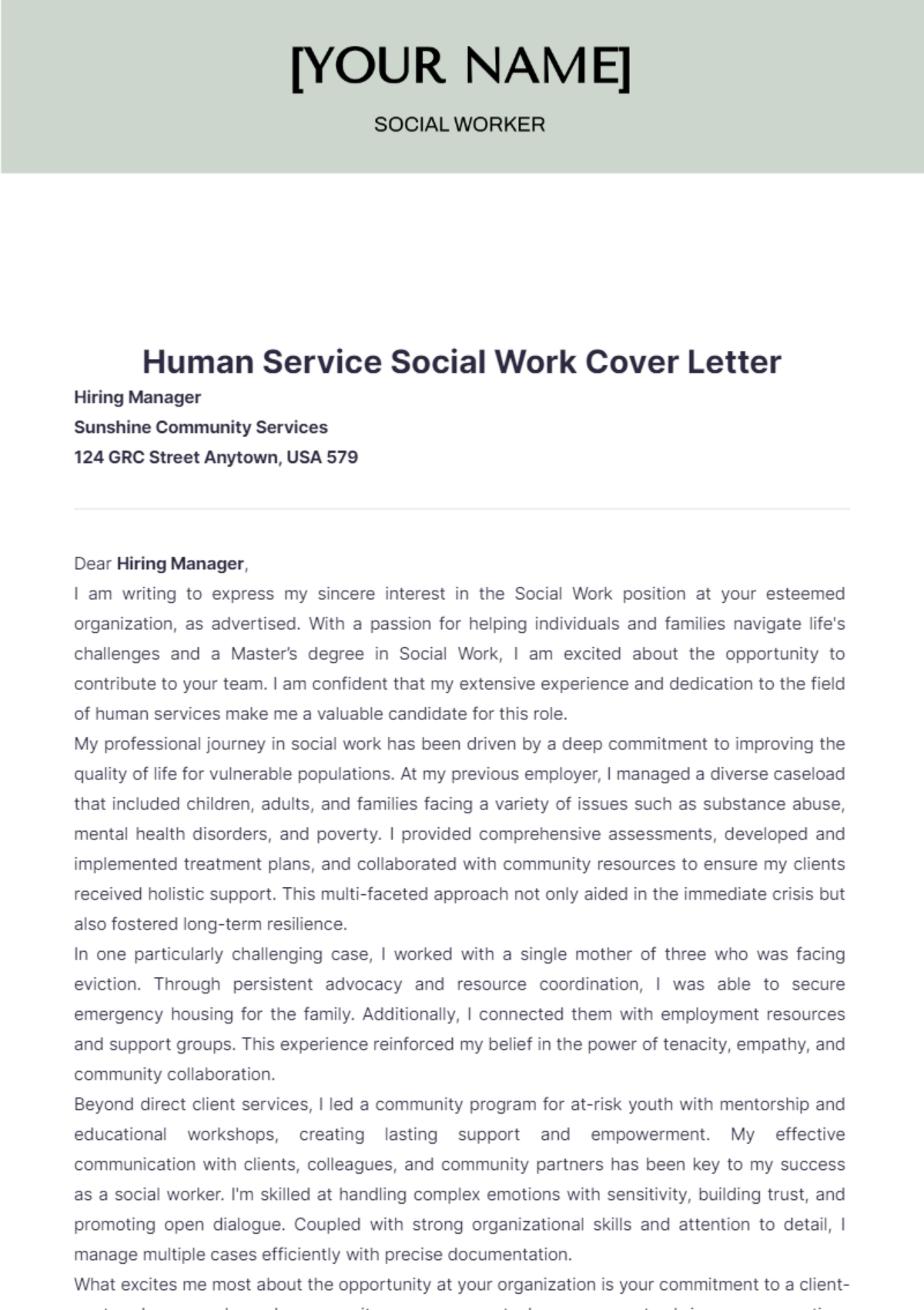 Human Service Social Work Cover Letter - Edit Online & Download