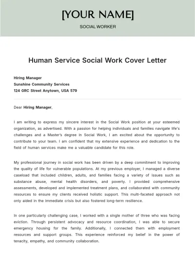Free Human Service Social Work Cover Letter to Edit Online