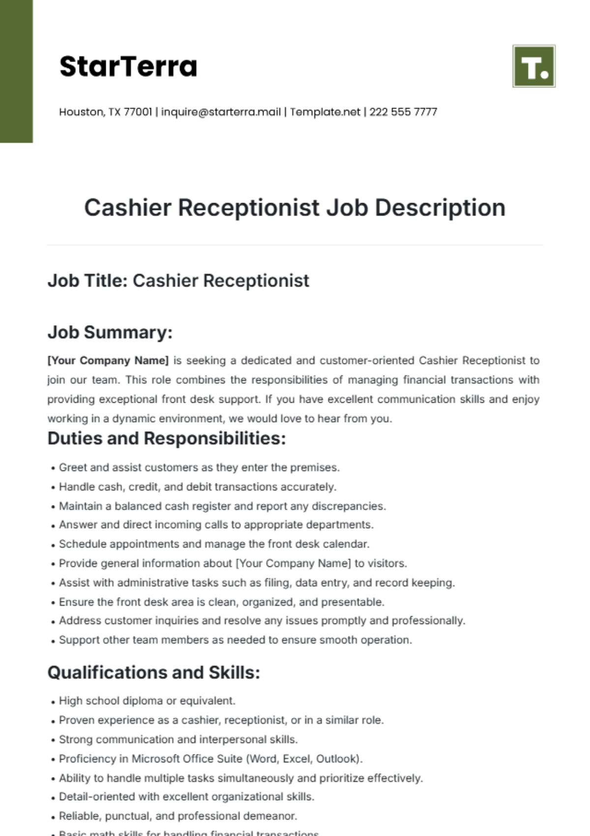 Cashier Receptionist Job Description Template - Edit Online & Download