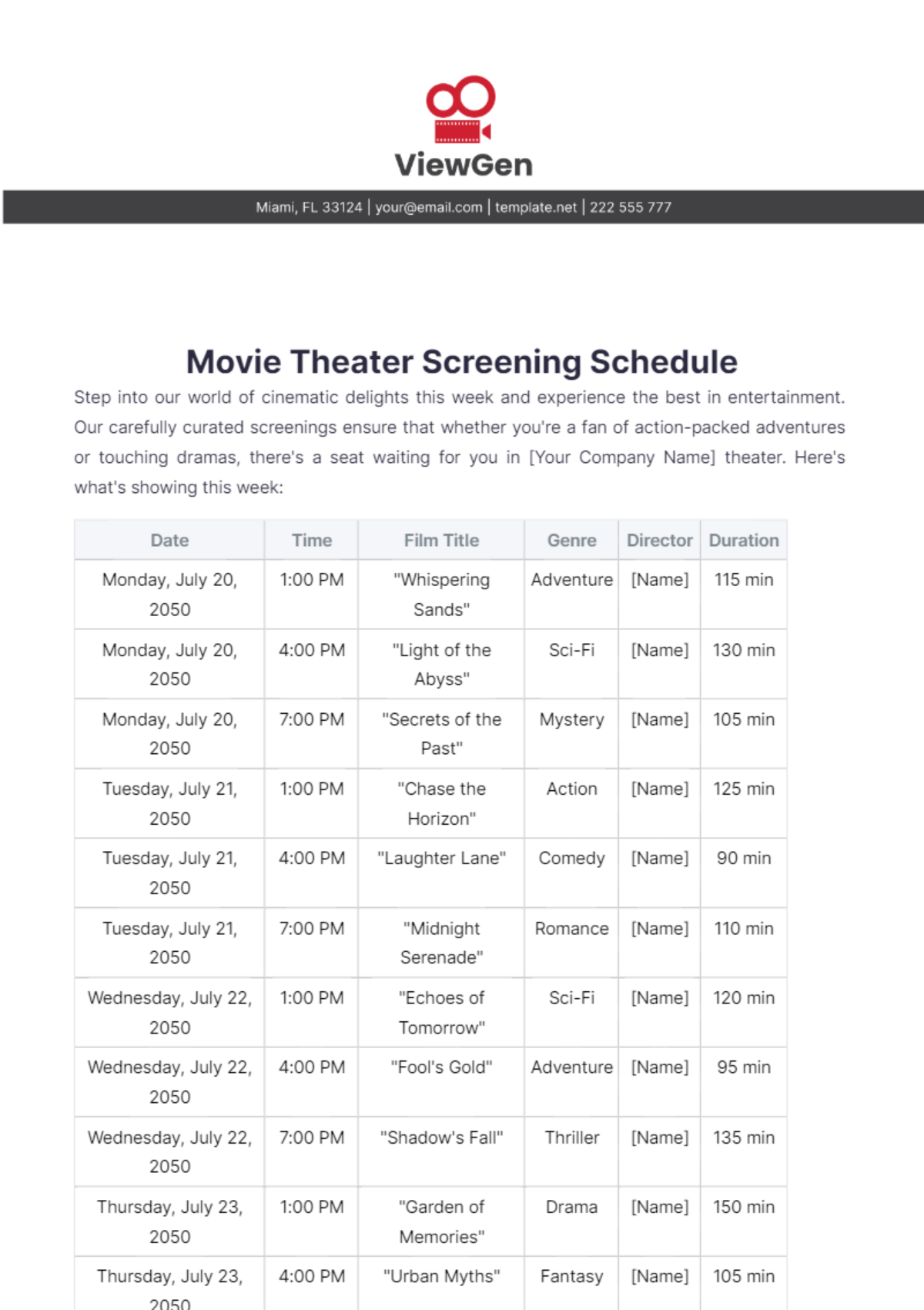 Movie Theater Screening Schedule Template - Edit Online & Download