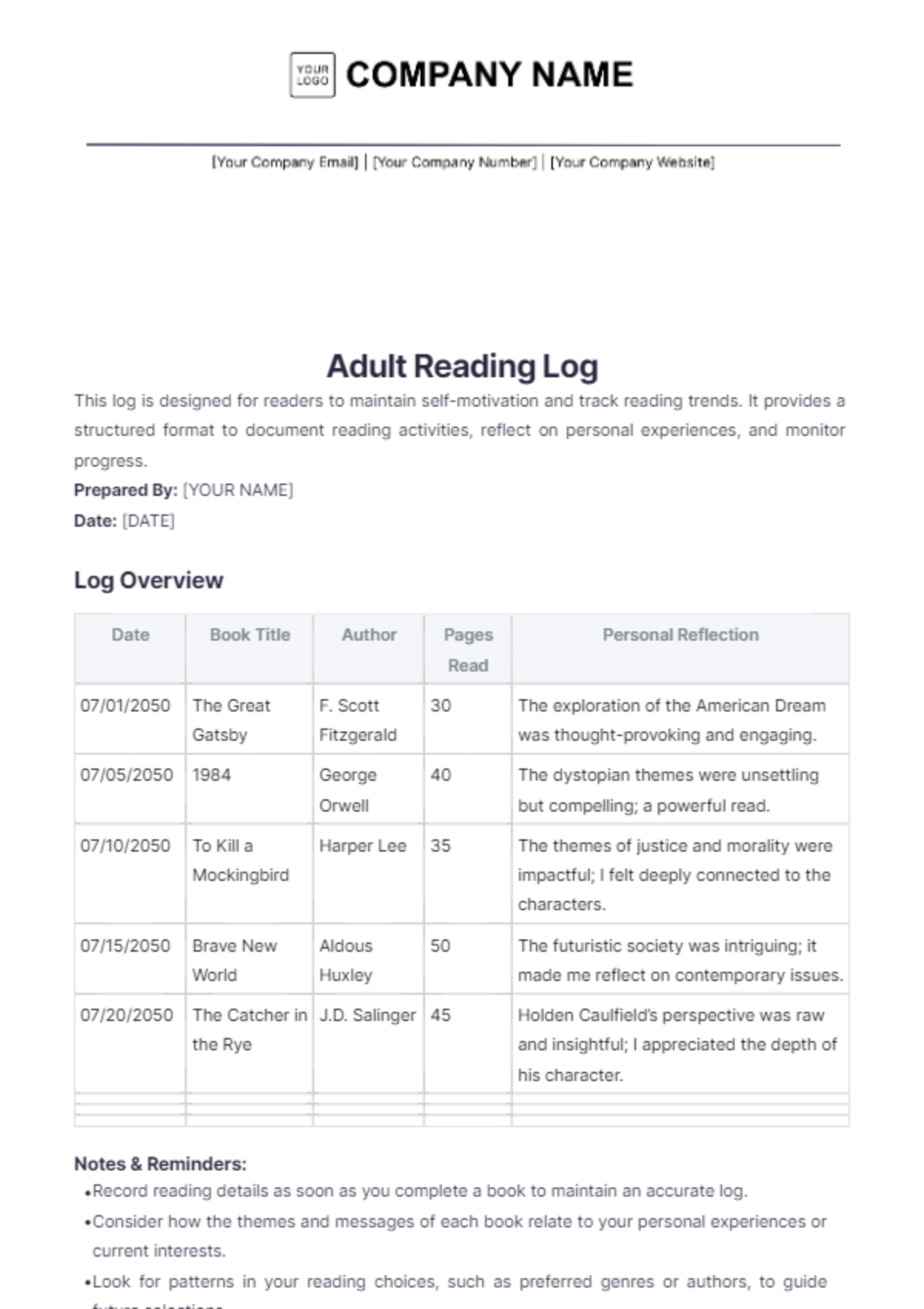 Adult Reading Log Template