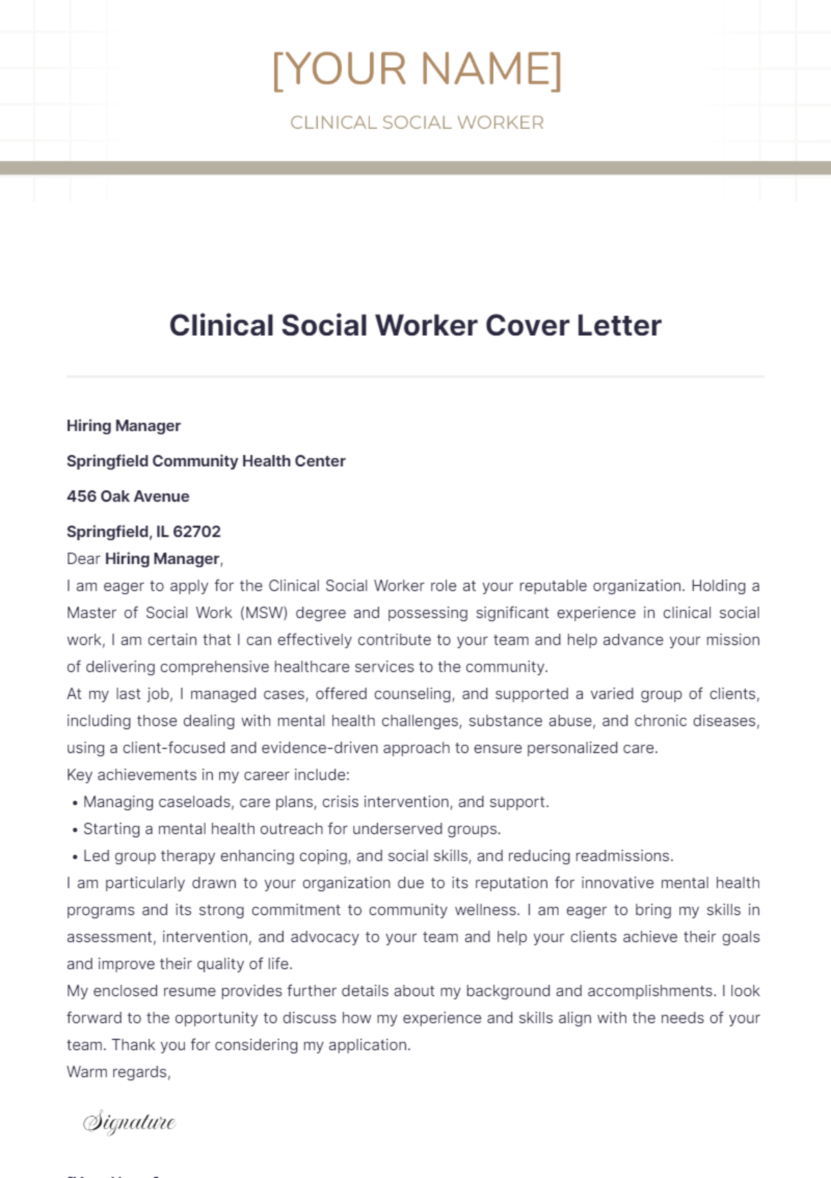 Clinical Social Worker Cover Letter - Edit Online & Download