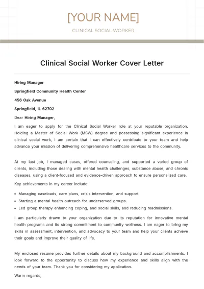 Free Clinical Social Worker Cover Letter to Edit Online