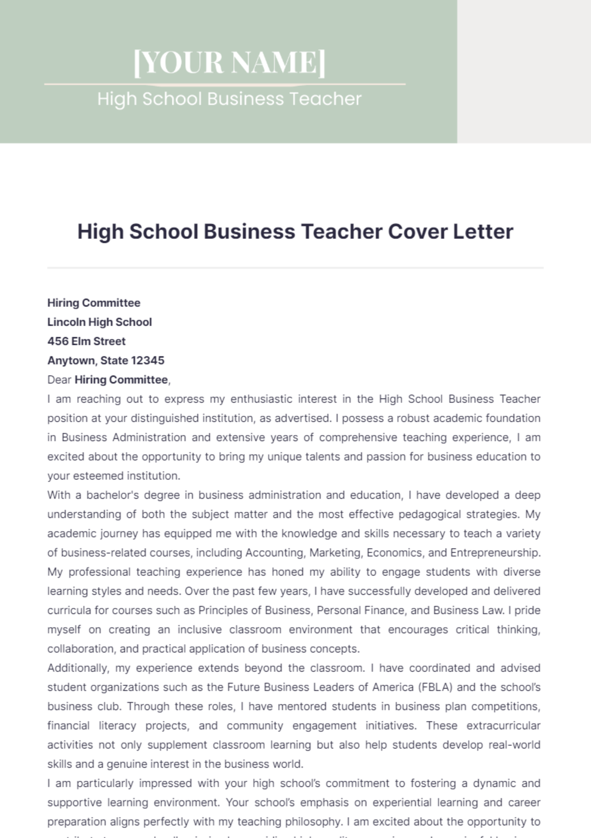 High School Business Teacher Cover Letter