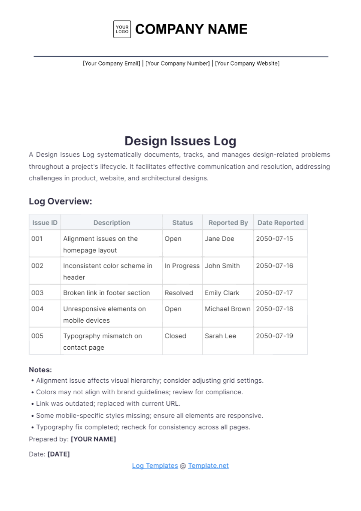 Design Issues Log Template - Edit Online & Download