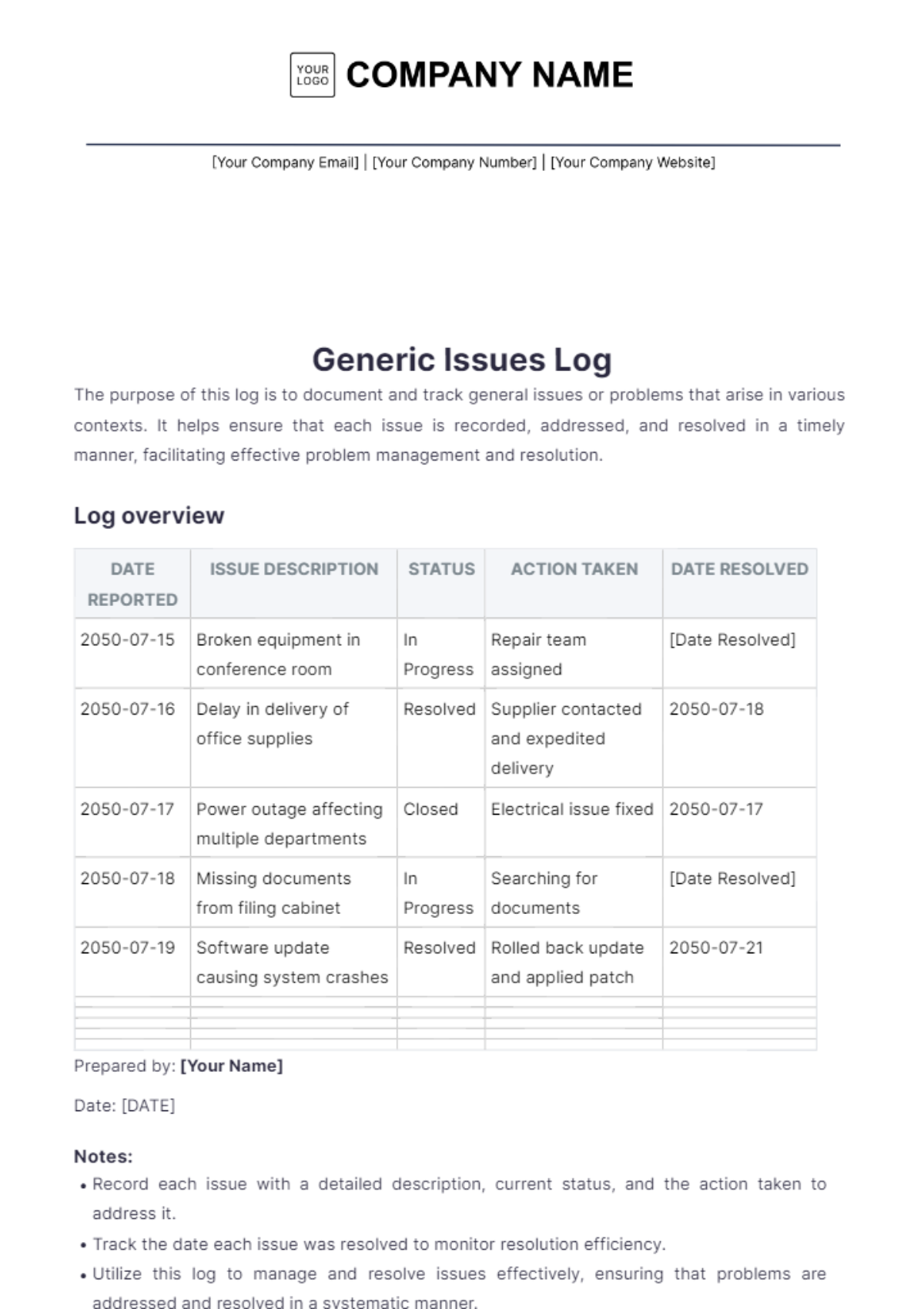 Generic Issue Log Template - Edit Online & Download