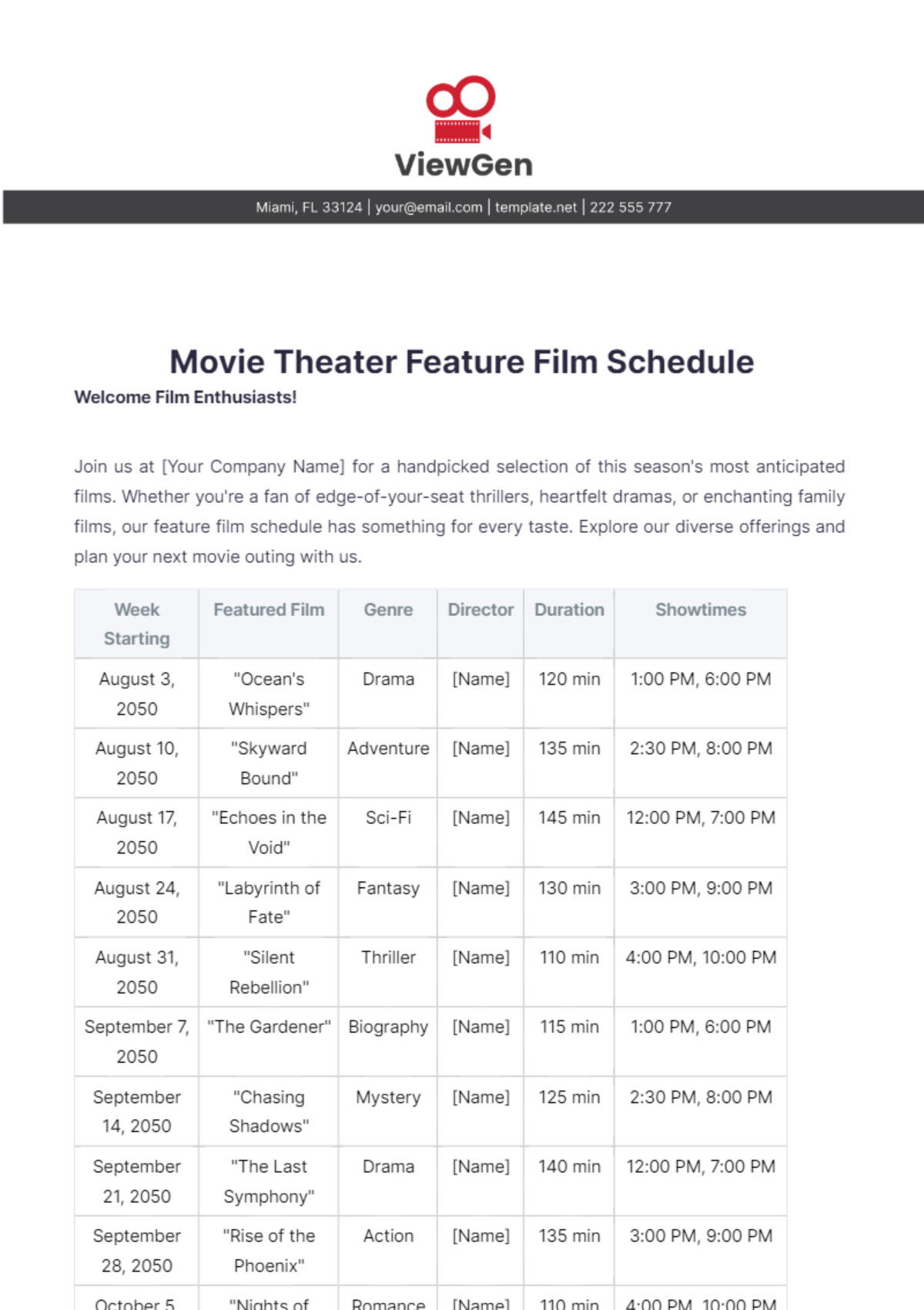 Movie Theater Feature Film Schedule Template - Edit Online & Download