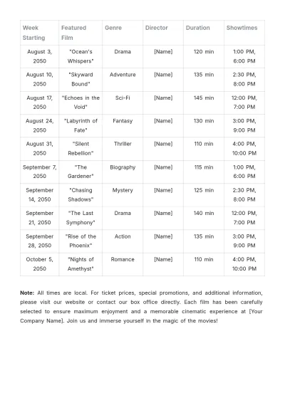 Free Movie Theater Feature Film Schedule Template to Edit Online