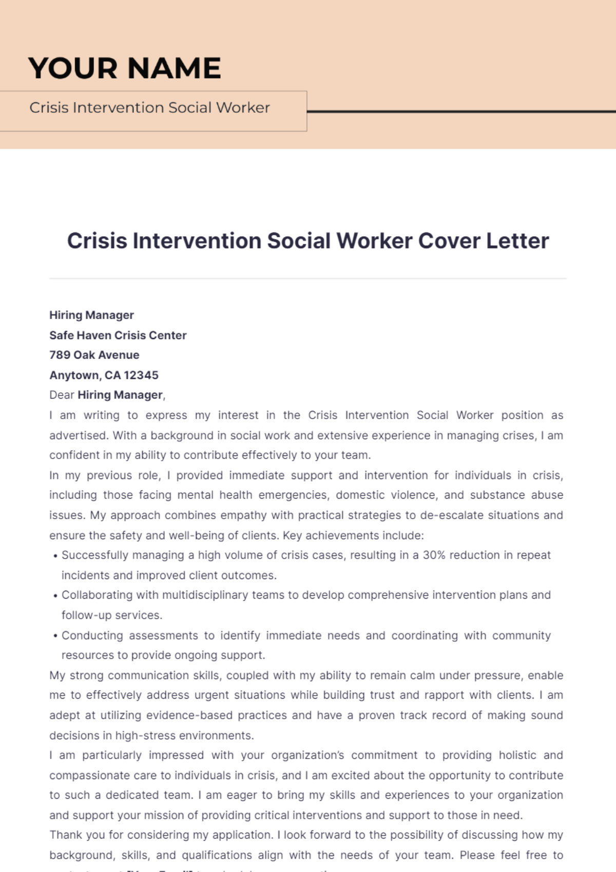 Crisis Intervention Social Worker Cover Letter - Edit Online & Download