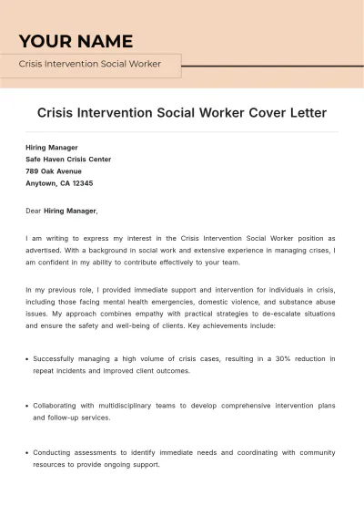 Free Crisis Intervention Social Worker Cover Letter to Edit Online