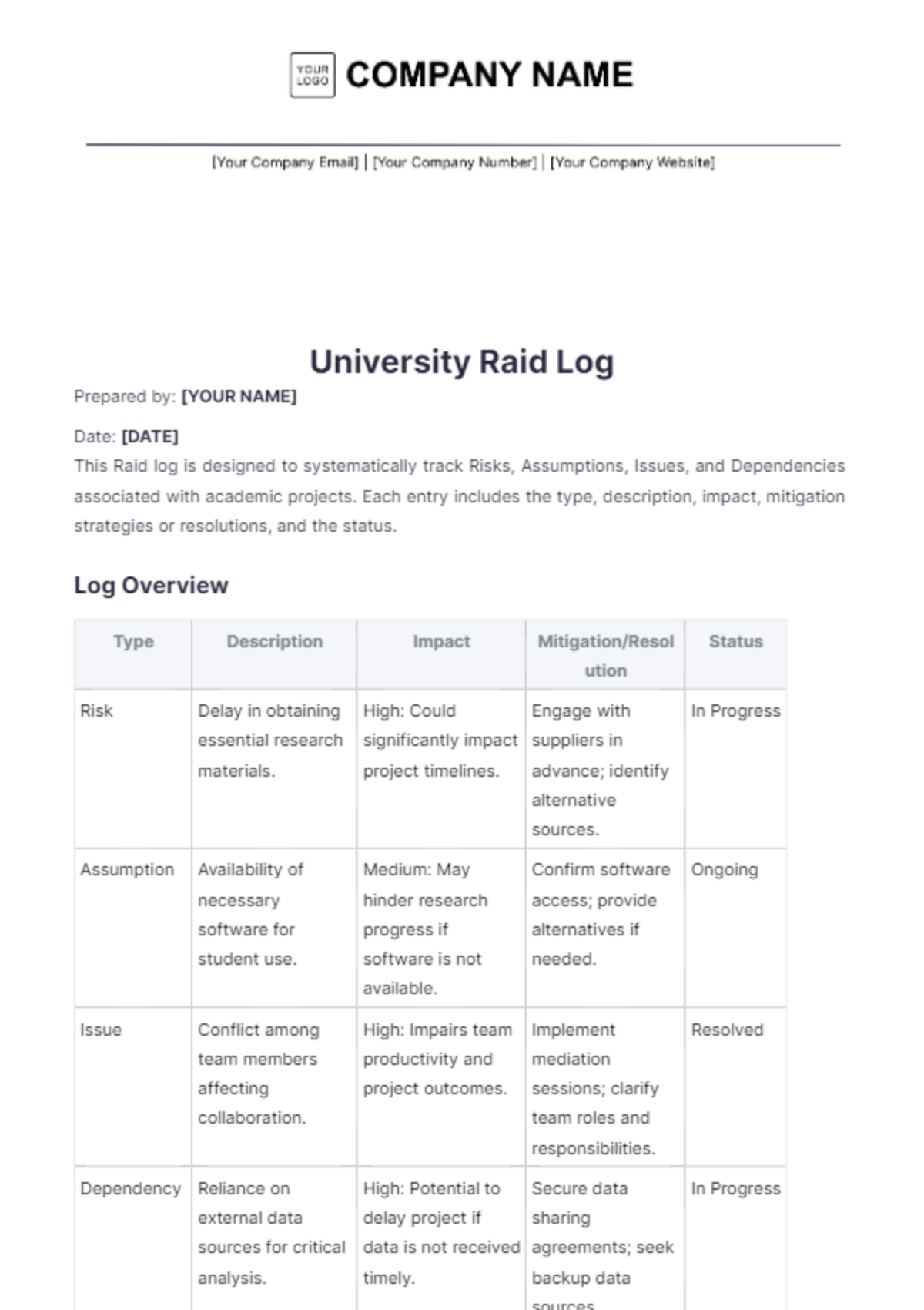 University Raid Log Template - Edit Online & Download