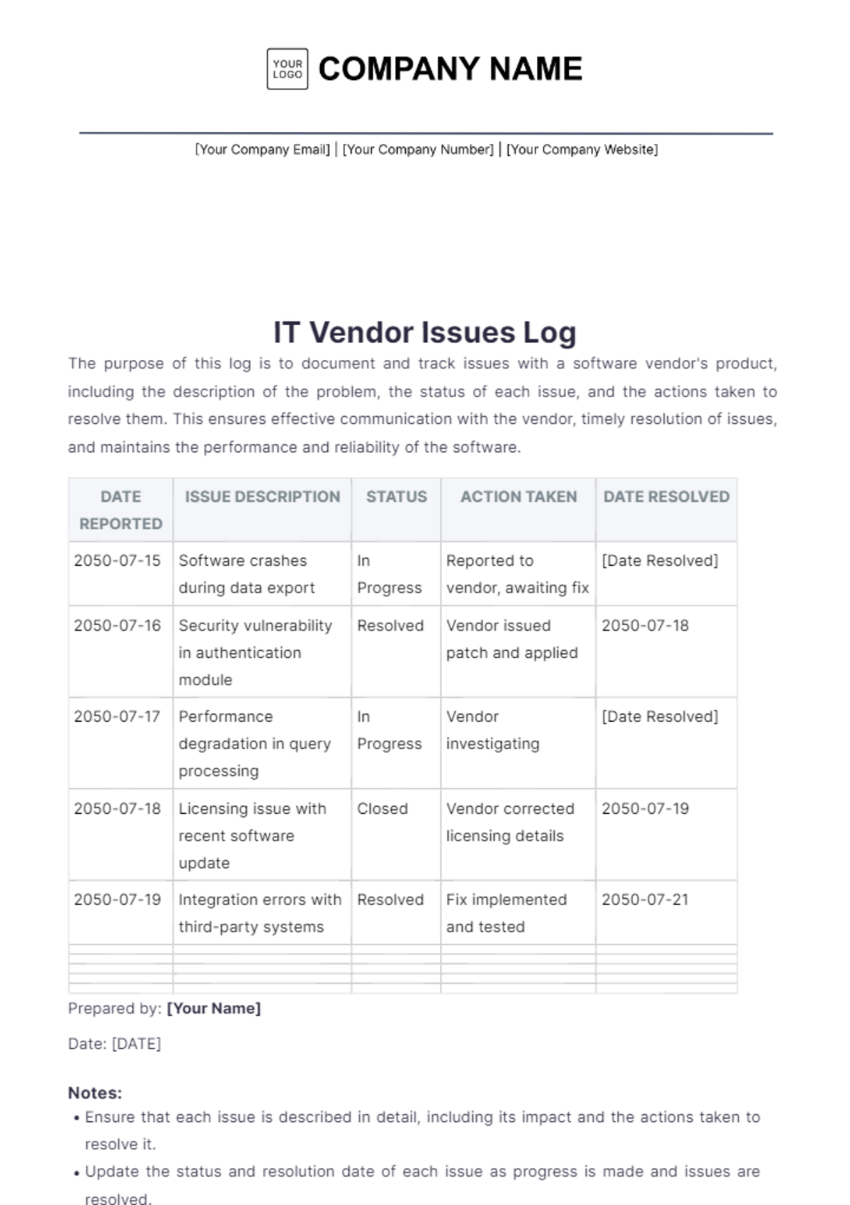 IT Vendor Issue Log Template - Edit Online & Download