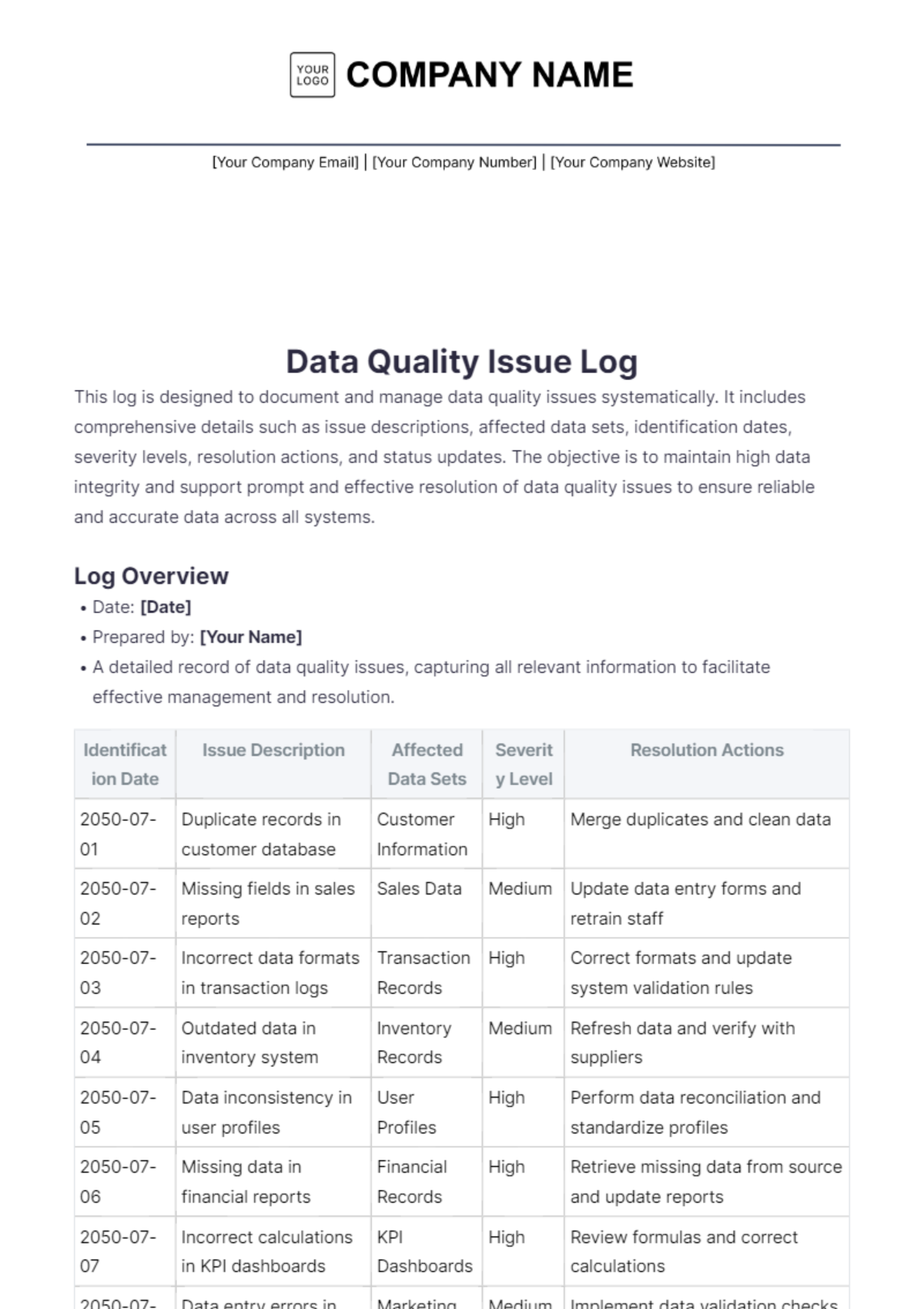 Data Quality Issue Log Template - Edit Online & Download