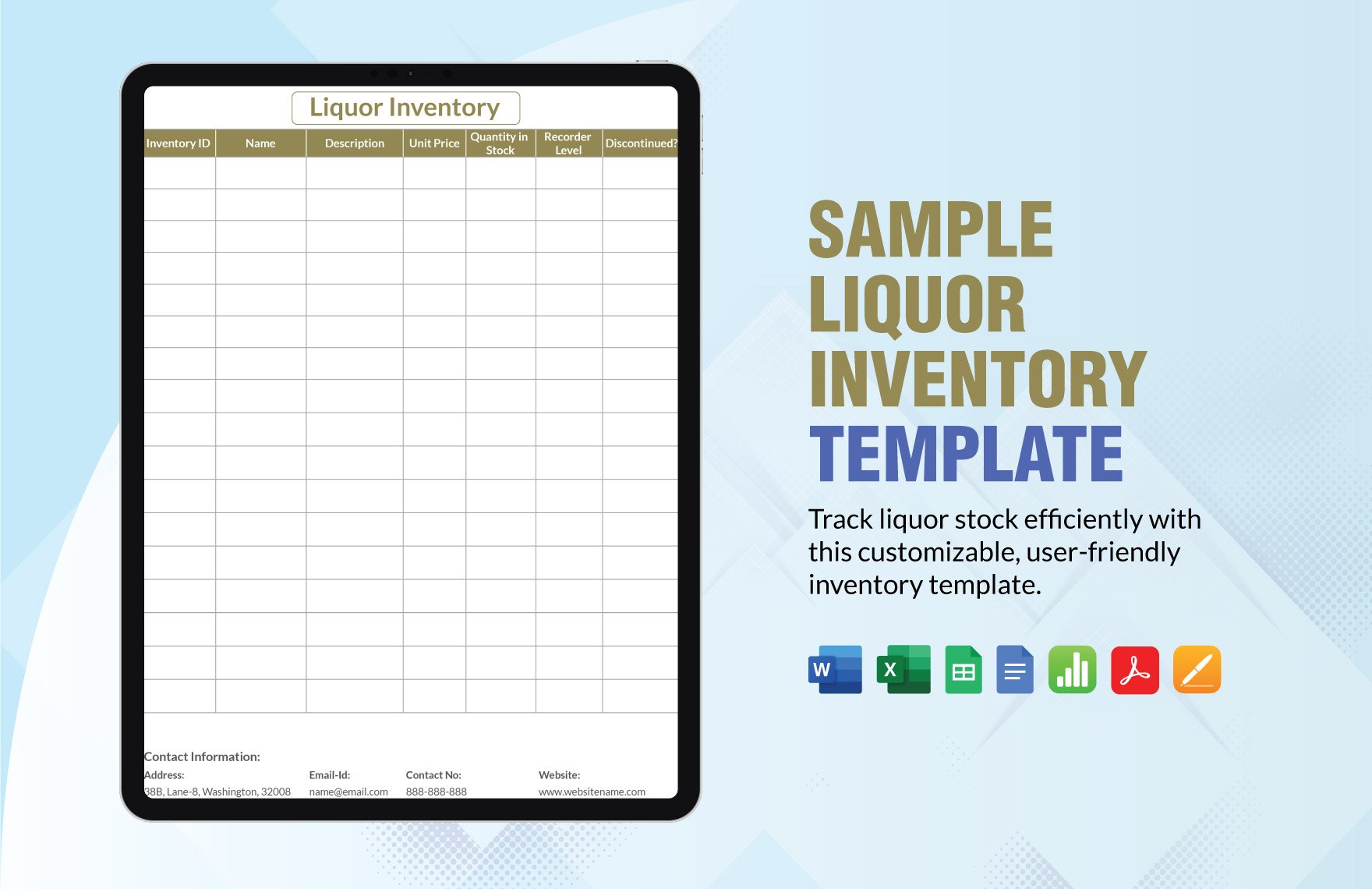 Sample Liquor Inventory Template in Word, Google Docs, Excel, PDF, Google Sheets, Apple Pages, Apple Numbers